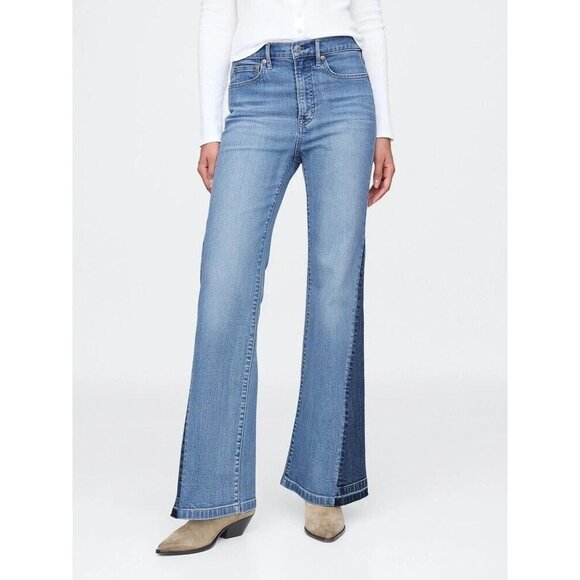 GAP 70's Flare Medium Patched High Rise Flared Leg Step Hem Jeans, Size 27/4 - Picture 2 of 16